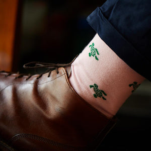 Turtle Socks - Men's Mid Calf - Green on Pink