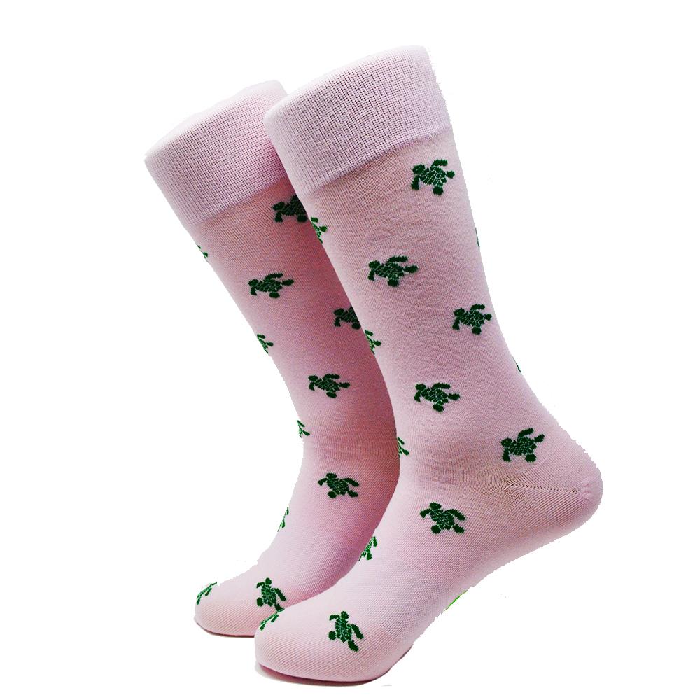 Turtle Socks - Men's Mid Calf - Green on Pink